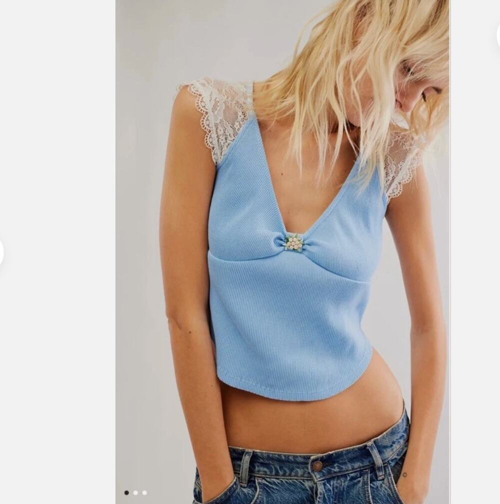 Free People light blue coquette 'lets talk baby' ribbed lace sleeve top | XS